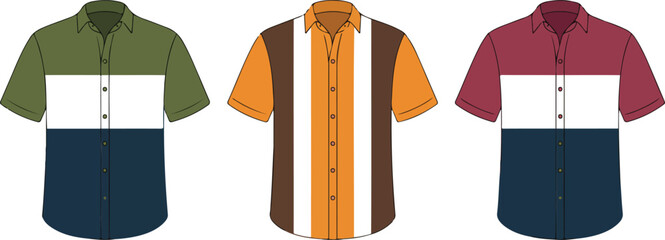 Men’s Color Block Shirt Vector Template  Short Sleeve Button-Up Flat CAD Illustration © MSTZOWRON