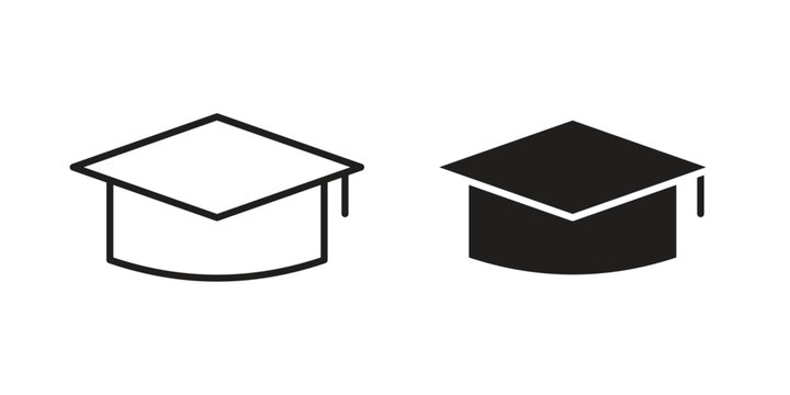 Graduation hat icon in black solid style. linear symbol.