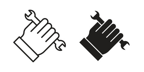 Obraz premium Hand holding wrench icon in black solid style. linear symbol.