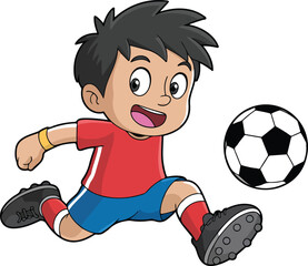Cute Soccer Player Vector  Cartoon Boy Kicking Football Flat Illustration © MSTZOWRON