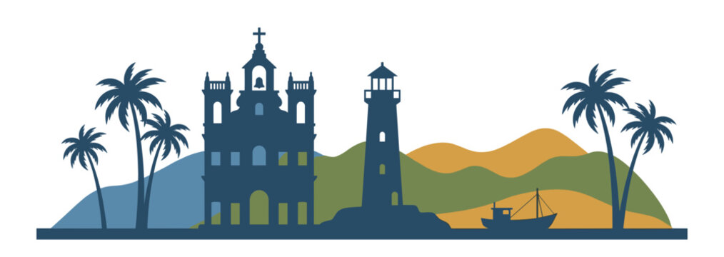 Goa skyline vector flat silhouette landscape illustration showcasing traditional church, coastal lighthouse, tropical palm trees, fishing boat and scenic mountains travel destination.