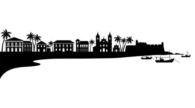 Goa skyline vector black and white silhouette with historic church, portuguese architecture, fort, palm trees and traditional fishing boats on tropical beach landscape illustration.