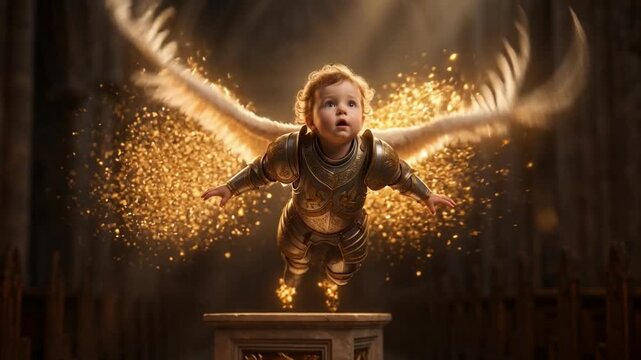 Cute baby angel in knight armor flying with glowing wings
