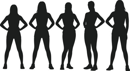 Black silhouette set of athletic women standing in fitness poses, female figures in leggings and tank tops, sporty girls, activewear