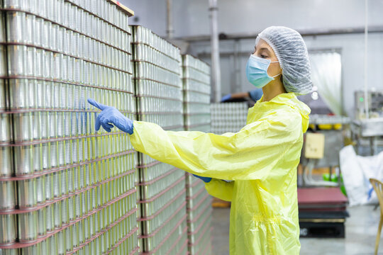 Quality control worker inspecting stacked canned fish products in seafood factory warehouse. Industrial food processing, packaging plant maintaining hygiene standards, export manufacturing compliance.