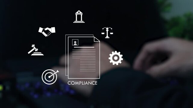 Business professional reviewing digital compliance documents on smartphone with legal icons. Regulatory audit, governance policy, risk management and corporate law technology.