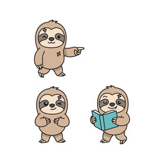 Cartoon sloth characters in various poses on white background with copy space © SHANTI ICONSET