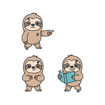 Cartoon sloth characters in various poses on white background with copy space