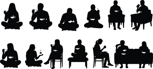People eating silhouette collection with men and women sitting on chairs and floor, black vector illustration set for dining, food lifestyle and social gathering concept.