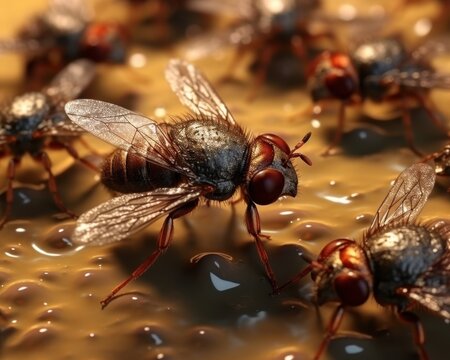 Enxame de moscas dom&eacute;sticas em uma superf&iacute;cie pegajosa e &uacute;mida, detalhe macro mostrando as asas transparentes e olhos compostos vermelhos.