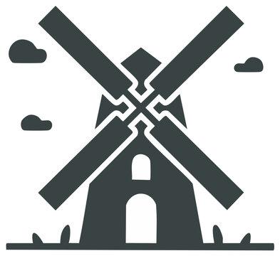 Traditional windmill icon with rotating blades and clouds against a white background