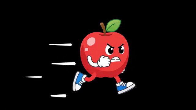 A cartoon red apple character with a green leaf and stem is running quickly to the left on a black background expressing effort White speed lines are visible behind it