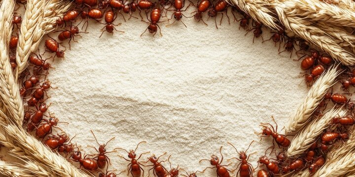 Infesta&ccedil;&atilde;o de formigas vermelhas rodeando farinha branca e espigas de trigo secas em uma composi&ccedil;&atilde;o circular vista de cima.