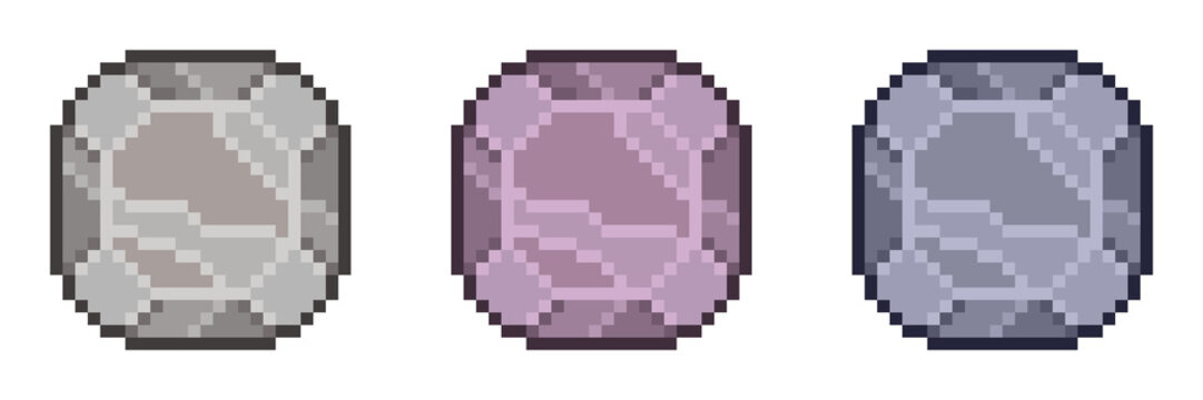Set of three blank stone buttons in grey, purple, and blue pixel art styles. High-quality 8-bit rock UI elements for game menus, inventory slots, and prehistoric-themed interface designs.