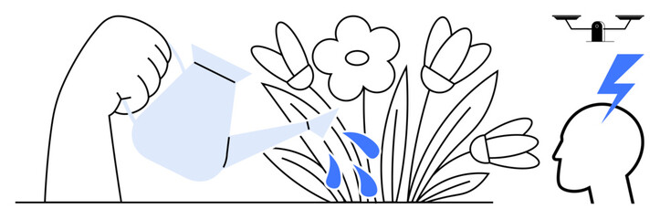 Growth, creativity, innovation, sustainability, mental health, future technology. A hand watering flowers with blue droplets, a mind symbol and a quadcopter. Growth and creativity conceptually © robu_s