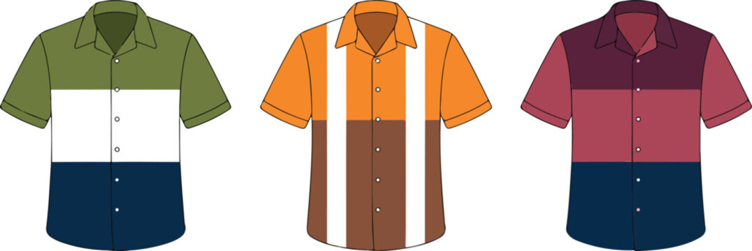Men&rsquo;s Color Block Shirt Vector Template  Short Sleeve Button-Up Flat CAD Illustration