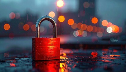 Red Padlock On Wet Surface at Night With Bokeh Lights Symbolizing Security and Privacy
