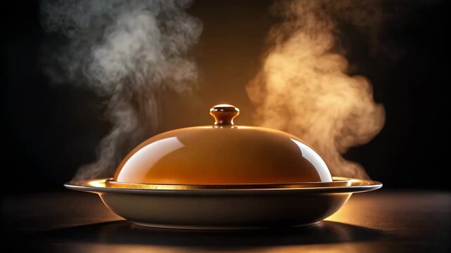 Steaming hot ceramic serving dish, culinary presentation, black background ambiance