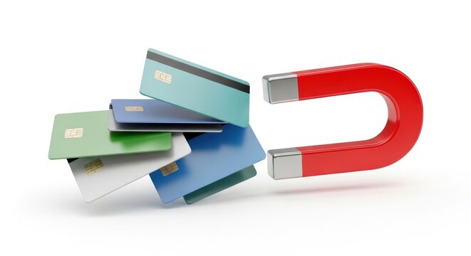 Glossy red and silver horseshoe magnet attracting a stack of various colorful credit cards with chips, isolated on white background
