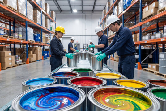 Industrial Workers Inspecting Open Paint Cans on Production Line in Modern Warehouse Facility