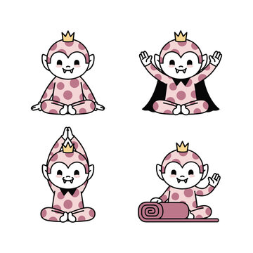 Cartoon monkey practicing yoga in different poses with crown on a white background