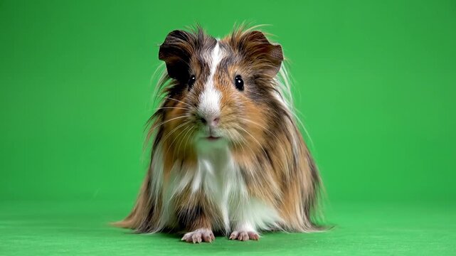 A fluffy long-haired guinea pig with tricolor fur sitting calmly on a green background, looking directly at the camera.