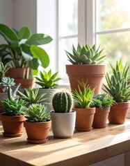 Fototapeta premium Stylish composition of home garden interior filled a lot of beautiful plants, cacti, succulents, air plant in different design pots.