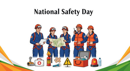 Indian workers in safety gear observe National Safety Day on March 4, promoting workplace and industrial safety awareness.
