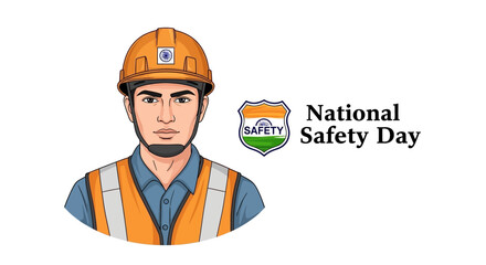 Illustration for National Safety Day India, observed on March 4, promoting workplace, industrial, and road safety awareness with a worker in safety gear.
