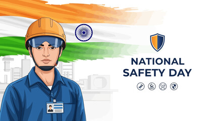 Indian worker in hard hat and safety gear on National Safety Day, March 4, promoting workplace and industrial safety awareness