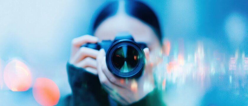 Professional camera user Woman Taking a with a Digital Camera in the City with Creative Glitch Effects for Travel Marketing and Urban Exploration