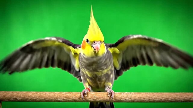 A vibrant yellow and grey cockatiel with its wings fully spread, perched on a wooden stick against a bright green backdrop.