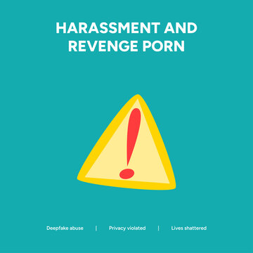 Warning sign with exclamation mark illustrates harassment and revenge porn, highlighting cyberbullying and privacy violation.