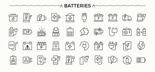 Battery icon collection. Charging thin outline icons pack. Modern thin line style icons. Energy line icon set. Editable stroke collections.