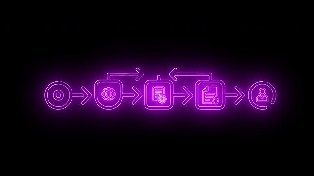 Neon-lit purple flowchart icons on a black background with arrows and symbols.