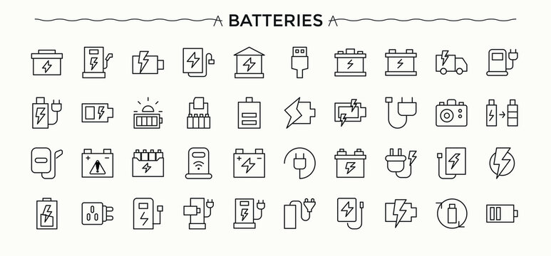 Battery icon collection. Charging thin outline icons pack. Modern thin line style icons. Energy line icon set. Editable stroke collections.
