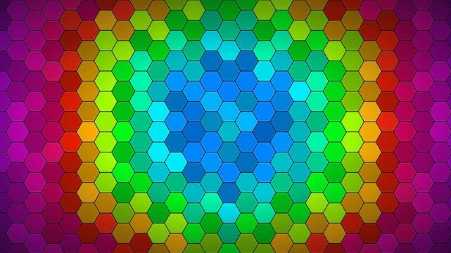 A vibrant hexagonal pattern featuring a gradient of rainbow colors radiating from a central blue area