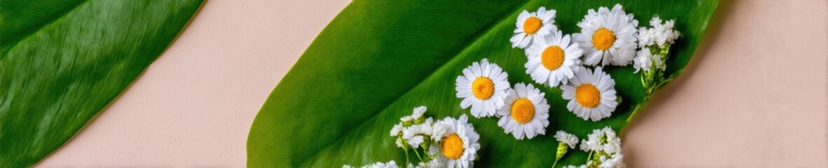 Obraz premium White Chamomile Flowers on Green Leaf Background creating a minimalist spring composition for beauty and skincare branding with copy space for wellness advertising