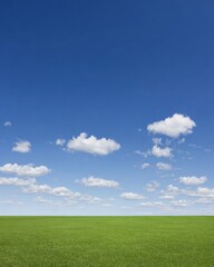 Lush Green Field Under Vast Blue Sky With Soft Clouds, Wide Landscape View for Environmental Banner and Travel Advertising Background With Copy Space