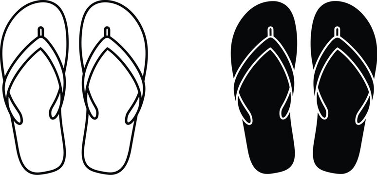 Set of flip flop icons featuring white line art and black solid silhouette thong sandals flat vector illustration for summer beach footwear design