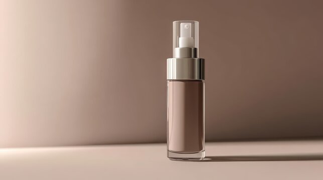 A sleek glass bottle of foundation makeup with a silver cap on a beige background