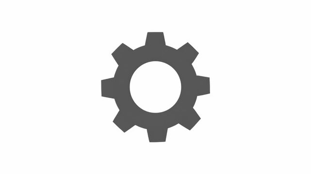 A dark gray gear icon featuring six teeth and a central circular void is digitally rendered on a solid white background