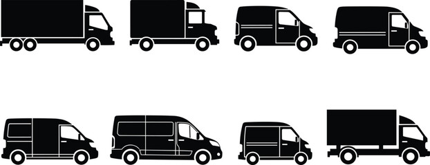 Collection of eight black silhouette icons featuring various commercial delivery vehicles including heavy cargo trucks semi trucks and logistics transport vans on white © Ariful