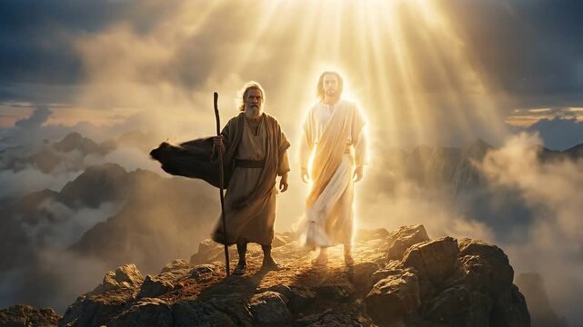 Moses appearing in celestial light beside the glowing figure of Jesus