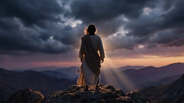 Jesus standing alone at a twilight mountain peak glowing with divine light