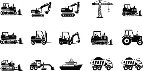 Collection of fifteen black silhouette icons featuring heavy construction machinery including excavators bulldozers cranes forklifts tractors dump trucks and industrial ships on a white background © Ariful