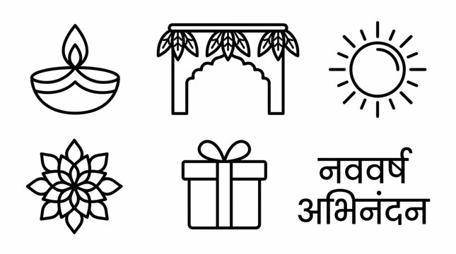 Traditional Indian Hindu New Year Celebration Icons Vector Set with Diya Sun Lotus Gift Box Nav Varsh Abhinandan Text for Rajasthan Culture Festival Greeting Card Design Elements