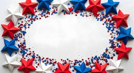 Obraz premium Red white and blue star wreath frame with confetti on gray