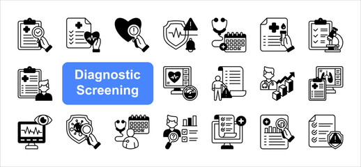 Diagnostic Screening icon set, with Screening Result, Medical Analysis, Risk Screening, Health Insight.