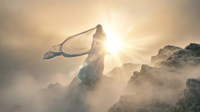 Glowing central figure on a mountain peak with radiant sunbursts